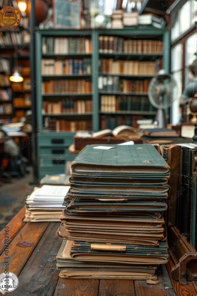 A wooden table with a stack of books on it, AI A wooden table with a stack of books on it, AI