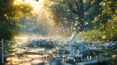 Dynamic water splashes against serene nature backdrop