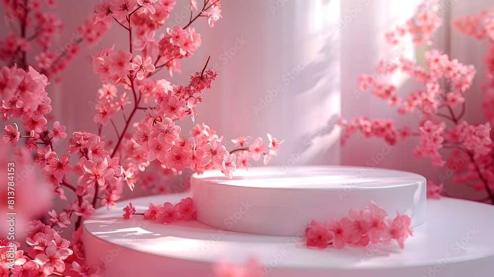 Elegant Floral Podium Display with Delicate Pink Spring Blossoms Cascading from a Minimalist 3D White Stage for Nature-Inspired Beauty Product Elegant Floral Podium Display with Delicate Pink Spring Blossoms Cascading from a Minimalist 3D White Stage for Nature-Inspired Beauty Product