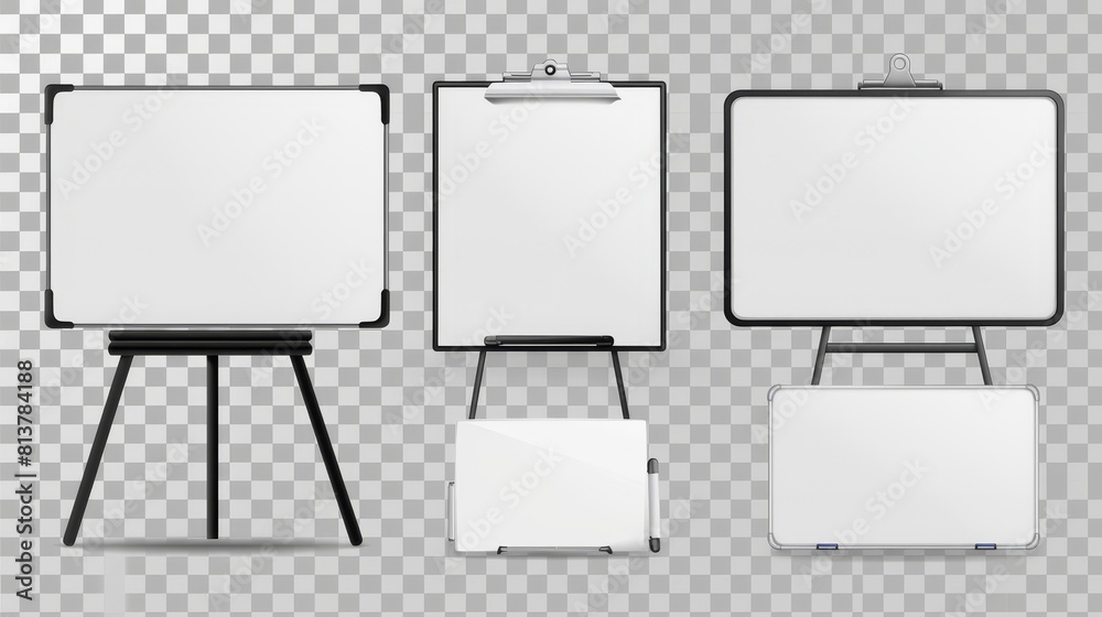 An illustration showing a realistic set of square and rectangle whiteboards with a transparent background. Blank board templates can be used for school classes, business presentations, and even as An illustration showing a realistic set of square and rectangle whiteboards with a transparent background. Blank board templates can be used for school classes, business presentations, and even as