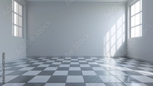 Elegant and Minimalist Empty Room with Checkered Tile Floor and Sunlit Architectural Details