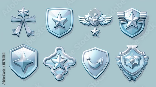 Military game rank badges isolated on white background. Modern cartoon illustration of insignia medals. Gui progress symbol. Military game rank badges. photo