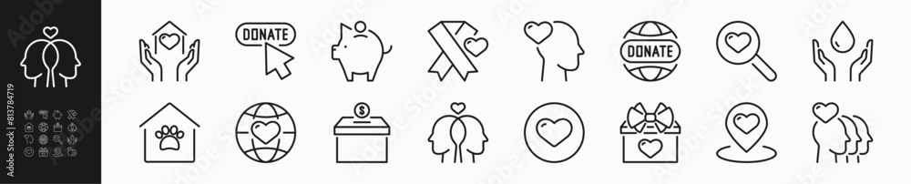 Charity and donate line icons set 2. Volunteer, donation, monetary assistance, help, care, animals, donor sign and symbol. Isolated on a white background. Pixel perfect. Editable stroke. 64x64. Charity and donate line icons set 2. Volunteer, donation, monetary assistance, help, care, animals, donor sign and symbol. Isolated on a white background. Pixel perfect. Editable stroke. 64x64.