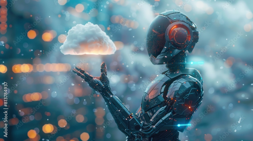 View of a Cyborg holding a Cloud of science icon. STEM day background concept View of a Cyborg holding a Cloud of science icon. STEM day background concept