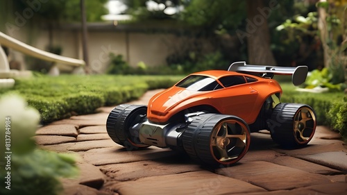 A remote-controlled toy car speeds around a makeshift race track in a backyard garden