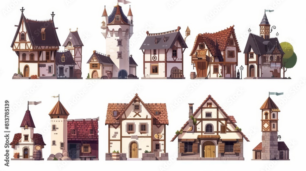 Detailed illustration of old European castle, fortress, stone windmill, barn, shop, and house isolated on white. Town design elements.