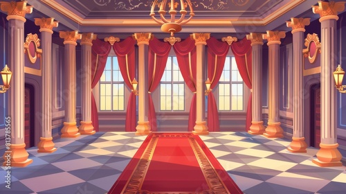 Ancient building hall with windows, red curtains, carpet, gold chandeliers, pillars and flags, modern cartoon illustration of medieval castle room. © Mark