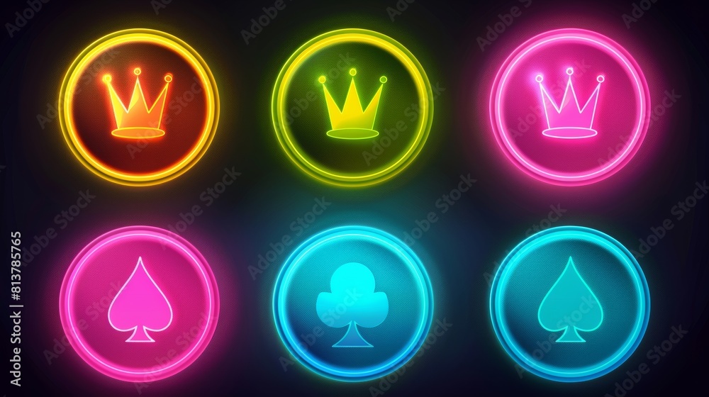 Symbol for Vegas online app of neon poker chips with crown light. Modern icon in green, pink, blue, and yellow colors for blackjack. Symbol for Vegas online app of neon poker chips with crown light. Modern icon in green, pink, blue, and yellow colors for blackjack.