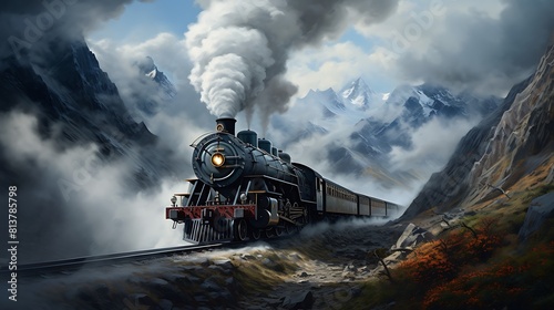 A steam locomotive chugging through the mountains