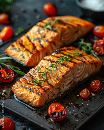 Grilled salmon, commercial food advertising