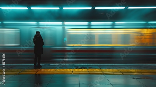 Lone commuter standing still on a subway platform, deep in thought while the city races by, waiting for the high-speed train