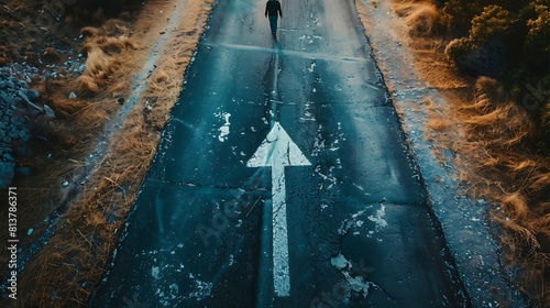 A white arrow drawn in the middle of the road with a person standing in front of it, symbol of inspiration photo