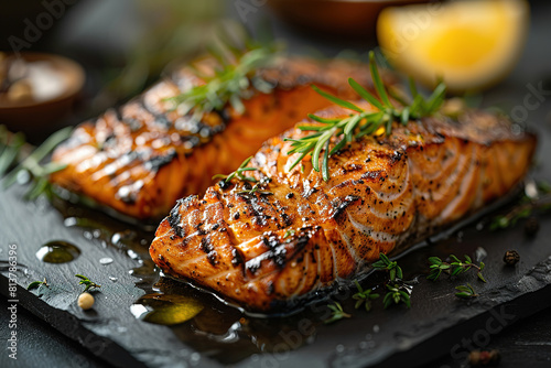 Grilled salmon, commercial food advertising