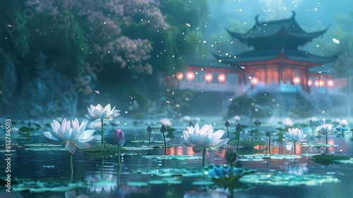 Lotus flowers floating in a temple pond  symbolizing purity on Buddhist holy days.