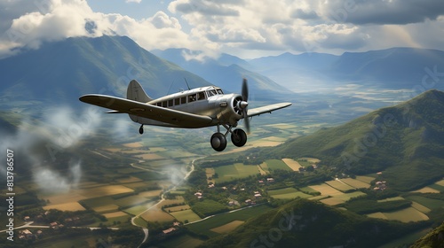 A vintage airplane flying over the countryside