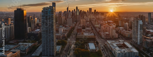 Wide perspective of drone shot of a busy City skyline at sunset, with copy space, realistic photo, 