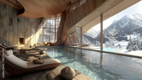 Eco-Friendly Chalet Hotel with Pool Windows in Alpine Ski Resort Offering Mountain Views. Concept Eco-Friendly  Chalet Hotel  Pool Windows  Alpine Ski Resort  Mountain Views