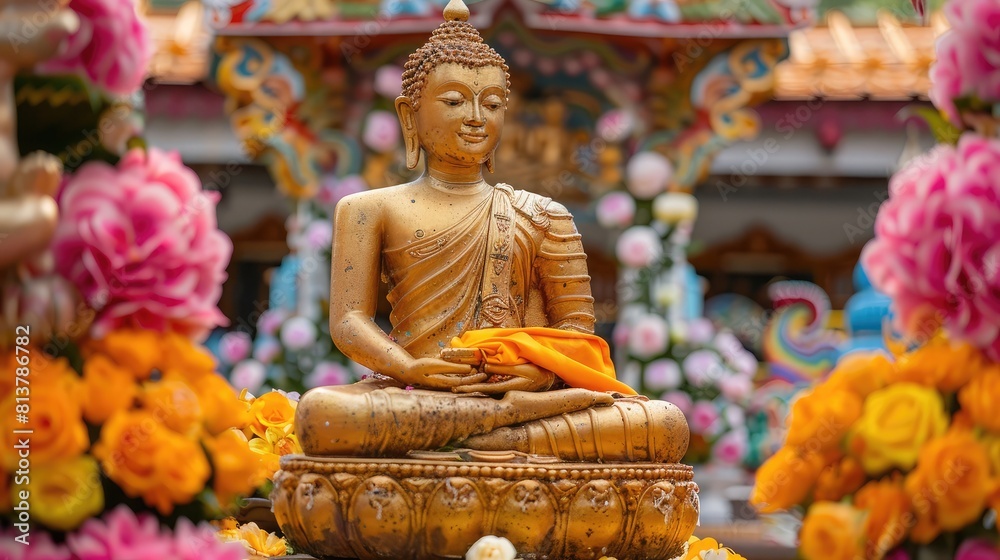 Golden Buddha statue amidst floral offerings, celebrating Asalha Puja, a significant Buddhist observance. Golden Buddha statue amidst floral offerings, celebrating Asalha Puja, a significant Buddhist observance.