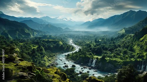 Aerial View of A Beautiful Rain Forest With Mountains and Floating River Landscape Background