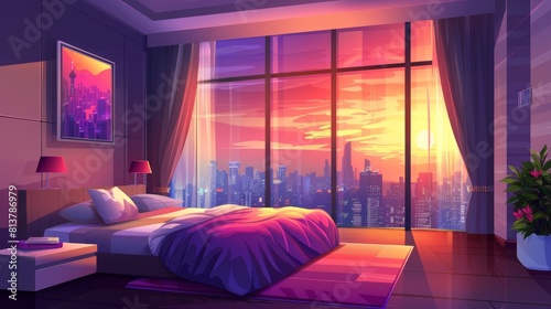 The interior of a bedroom features sunset cityscapes on a modern background. An interior design with cozy sleep furniture and a beautiful domestic flower pot is shown in this elegant bedroom.