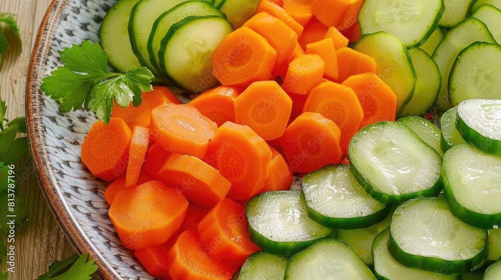 Close-up of pickled cucumbers, carrots, and peppers arranged on a plate, offering a flavorful appetizer. Close-up of pickled cucumbers, carrots, and peppers arranged on a plate, offering a flavorful appetizer.
