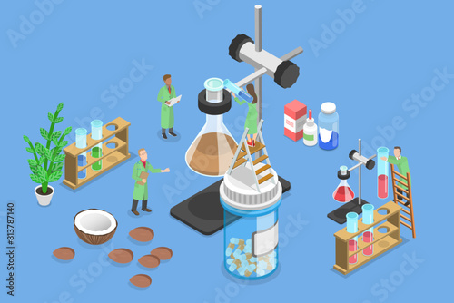 3D Isometric Flat Vector Illustration of Cosmetology and Chemistry, Production of Essential Aromatic Oil and Flower Water
