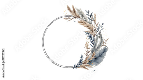 Round Wreath with Bouquet of Pampas Grass, Dried Flowers, Hand Painted Watercolor Leaves on Horizontal White Background. Decor for Wedding decoration in rustic, boho style in blue-beige colors. Vector