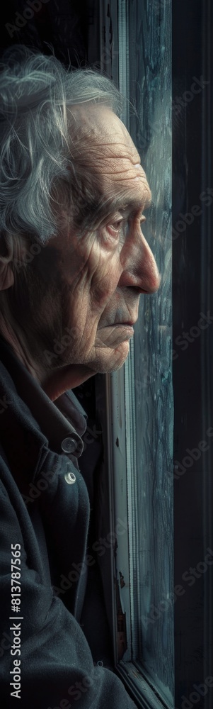 Older man looking out of window with rain coming down