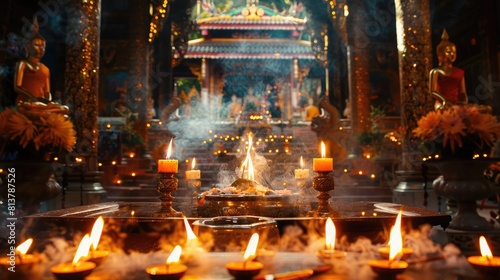 Candlelit temple with incense smoke, honoring Visakha Bucha, the holiest day in Buddhism. photo