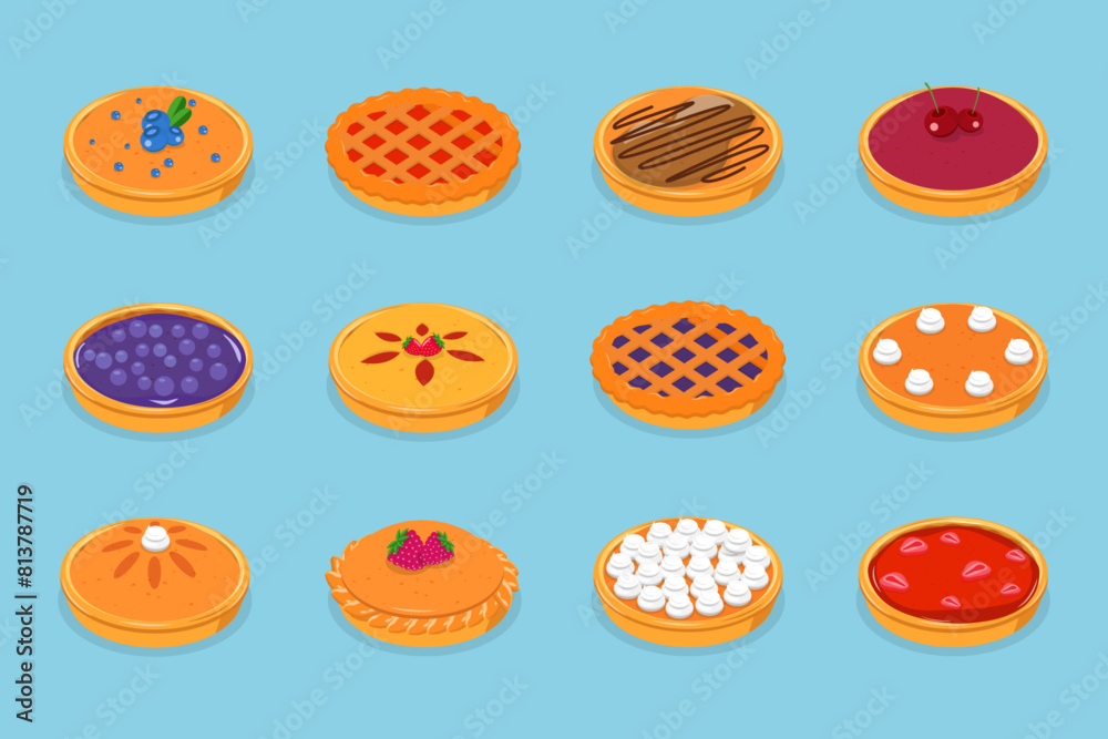 3D Isometric Flat Vector Set of Homemade Pies, Home Bakery and Pastry 3D Isometric Flat Vector Set of Homemade Pies, Home Bakery and Pastry
