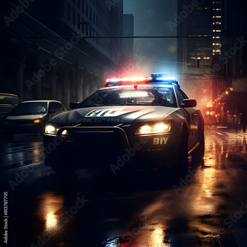 Close up photo of a police car in a big city.  Police cars drive at night and patrol with blue light flasher atop of a police car.