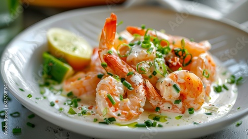 American cuisine. Shrimp with tequila, cream and green onions. 