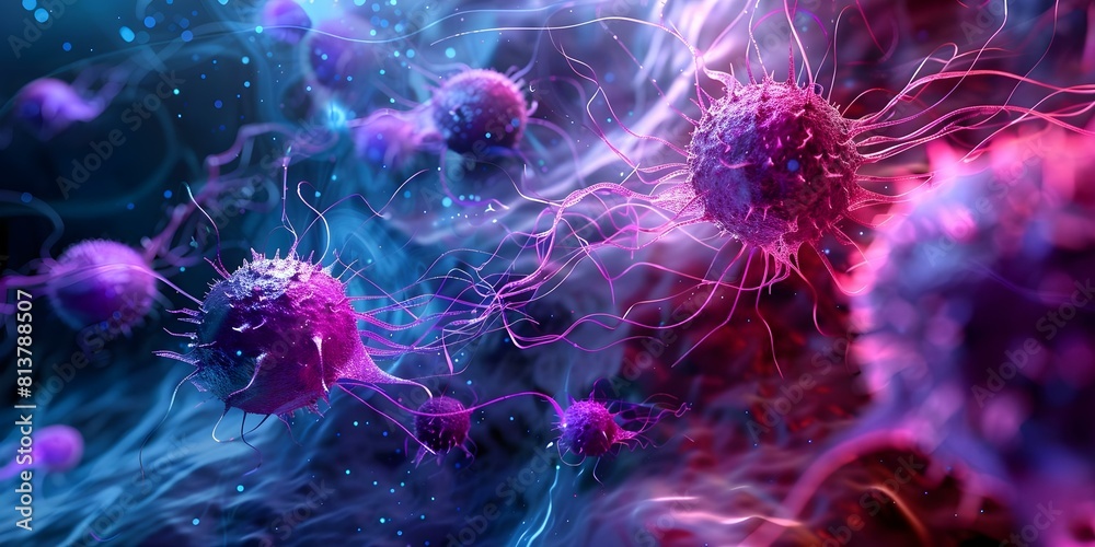 Visualizing the Interaction Between Cancer Cells and Lymphocytes in the Human Immune System. Concept Cancer Cells, Lymphocytes, Human Immune System, Interaction Visualization Visualizing the Interaction Between Cancer Cells and Lymphocytes in the Human Immune System. Concept Cancer Cells, Lymphocytes, Human Immune System, Interaction Visualization