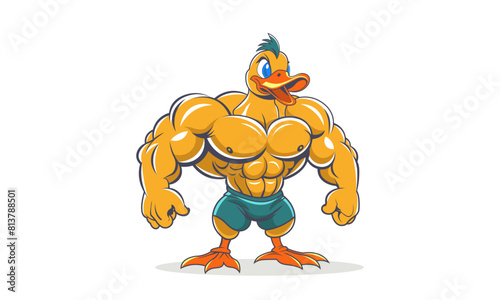 Vector yellow sports cartoon powerful strong duck bodybuilder with huge muscles and wearing green shorts. White isolated background.