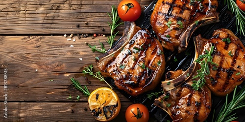 Pork Chops Grilled on a Wooden Table: A Delicious Background. Concept Food Photography, Grilling, Wooden Table, Pork Chops, Delicious Background photo