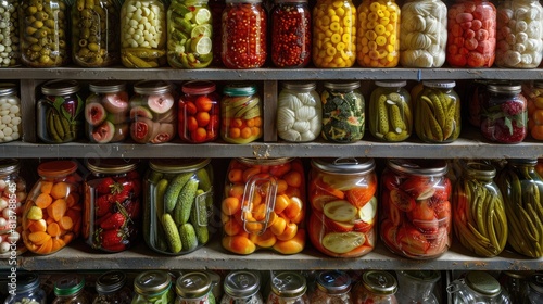 A colorful assortment of canned fruits and pickled vegetables, adding diversity to a well-stocked pantry.