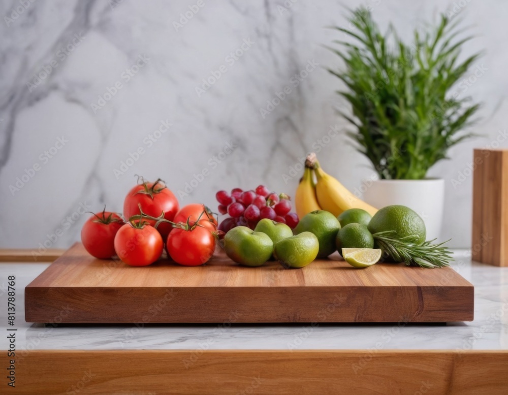 A wooden cutting board with a variety of fruits and vegetables on it A wooden cutting board with a variety of fruits and vegetables on it