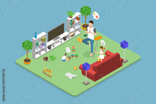 3D Isometric Flat Vector Illustration of Calm Father, Dad in Chaos