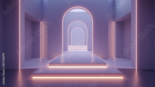 3D rendering. Futuristic empty room with glowing neon lights.