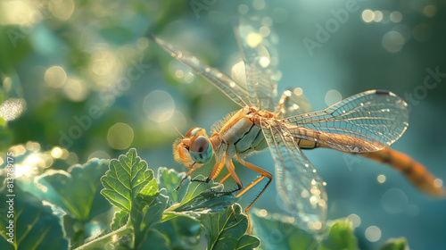 A dragonfly is perched on a leaf in the morning dew photo