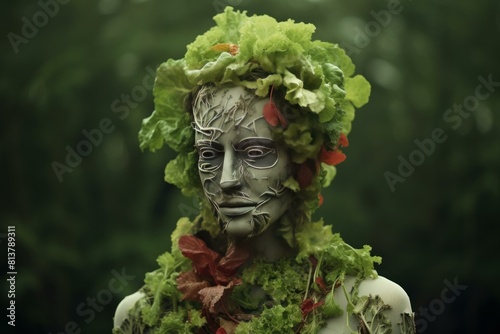 Artistic portrayal of a humanoid figure adorned with green leaves
