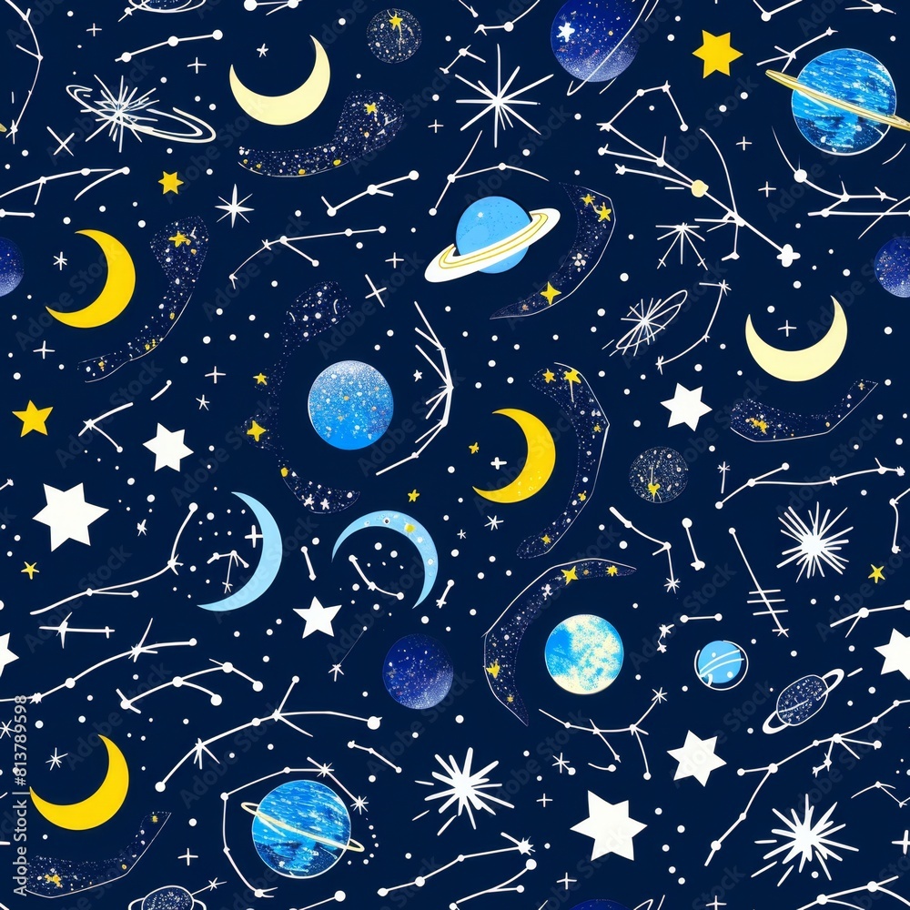 Cosmic Pattern with Planets, Stars, and Comets on Dark Background Cosmic Pattern with Planets, Stars, and Comets on Dark Background