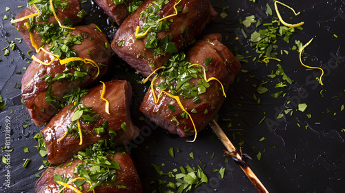 Picanha garnished with fresh herbs and lemon zest