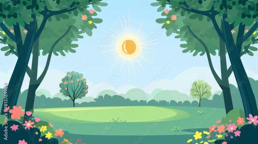 Fototapeta premium Serene Spring Landscape with Blossoming Trees and Sunshine
