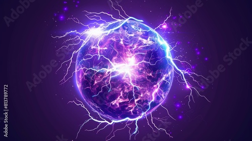An electric lightning bolt circle with a modern explosion effect. Electric thunder power ball discharge. An isolated neon thunderstorm blast laser element. A transparent spark fireball strike