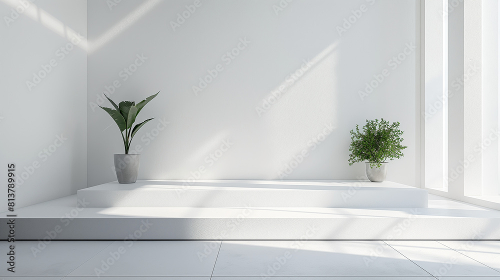 The photo shows a white room with a large window and two plants on white pedestals. The room is bathed in soft, natural light. The photo shows a white room with a large window and two plants on white pedestals. The room is bathed in soft, natural light.