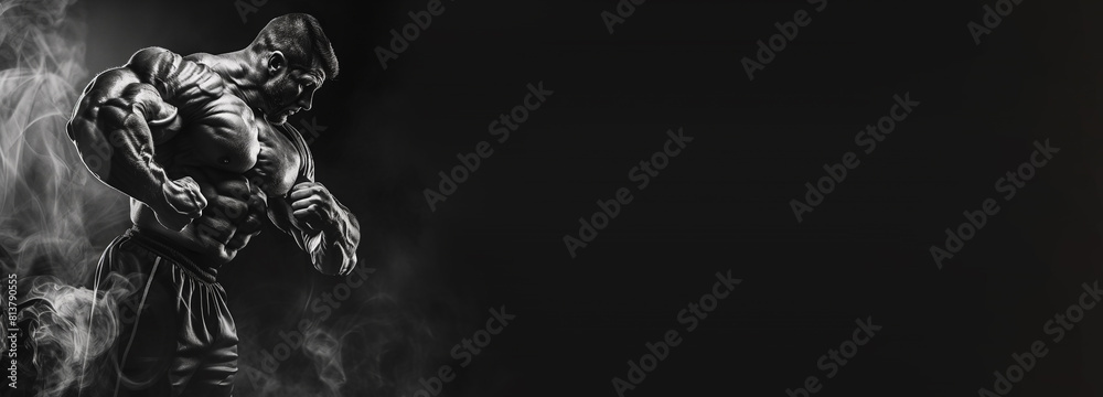 Bodybuilding fitness banner with muscular bodybuilder flexing muscles posing on black background Bodybuilding fitness banner with muscular bodybuilder flexing muscles posing on black background