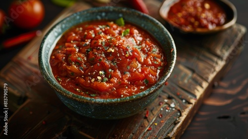 American cuisine. Spicy tomato sauce with habanero peppers. 