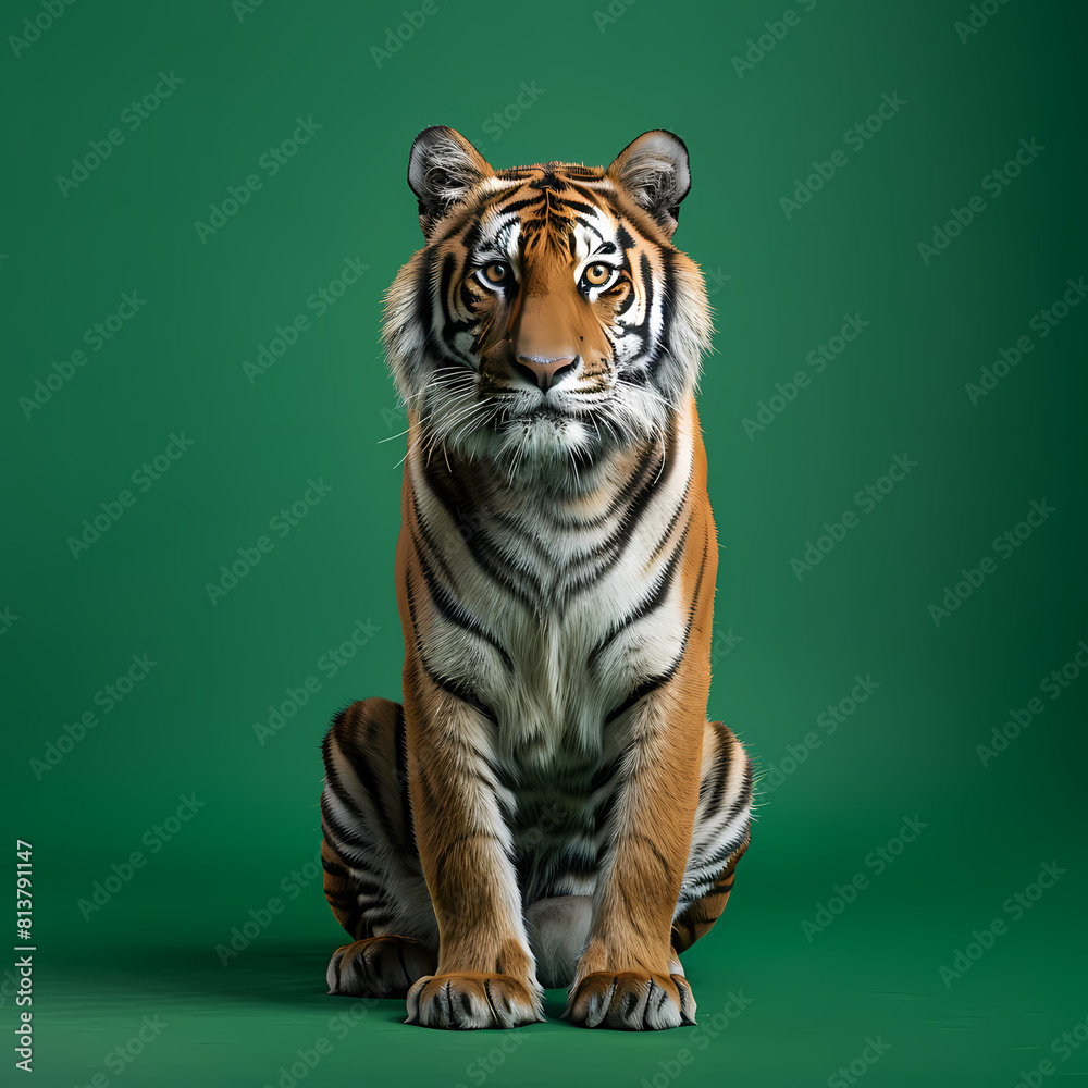 Fototapeta premium Full body of tiger on solid green screen background, fashion photography, evenly lighting