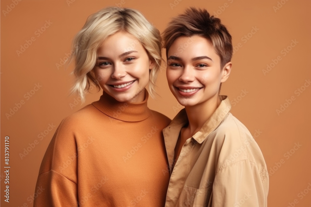 Two women strike a pose in front of a plain brown background, smiling for a photograph Two women strike a pose in front of a plain brown background, smiling for a photograph
